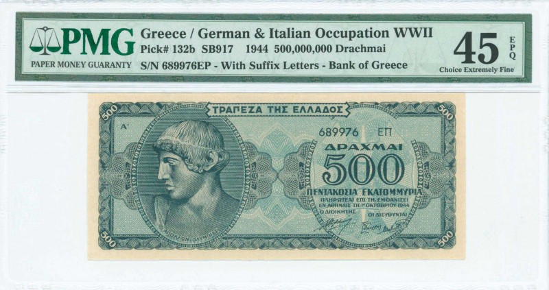 GREECE: 500 million Drachmas (1.10.1944) in blue-green with Apollo at left. S/N:...