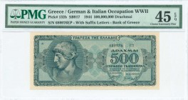 GREECE: 500 million Drachmas (1.10.1944) in blue-green with Apollo at left. S/N: "689976 ΕΠ" with suffix letters and number of height 3mm. Inside plas...