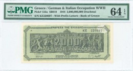 GREECE: 2 billion Drachmas (11.10.1944) in black on pale green unpt with Parthenon frieze at center. S/N: "KE 220697" with prefix letters and number o...