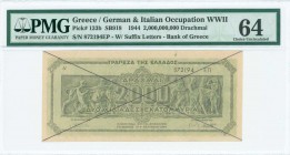GREECE: 2 billion Drachmas (11.10.1944) in black on pale green unpt with Parthenon frieze at center. S/N: "872194 ΕΠ" with suffix letters and number o...