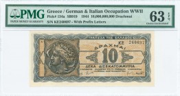 GREECE: 10 billion Drachmas (20.10.1944) in black and blue-black on tan unpt with Arethusa on dekadrachm of Syracuse at left. S/N: "KE 240697" with pr...