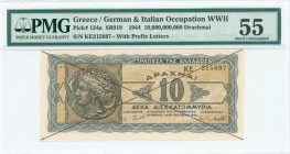 GREECE: 10 billion Drachmas (20.10.1944) in black and blue-black on tan unpt with Arethusa on dekadrachm of Syracuse at left. S/N: "KE 215697" with pr...