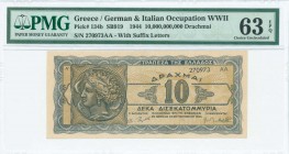 GREECE: 10 billion Drachmas (20.10.1944) in black and blue-black on tan unpt with Arethusa on dekadrachm of Syracuse at left. S/N: "270973 AA" with su...