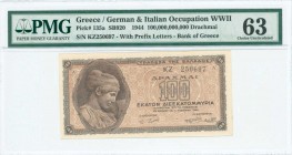 GREECE: 100 billion Drachmas (3.11.1944) in red-brown with Nymph Deidamia at left. S/N: "KZ 250697" with prefix letters and number of height 3,5mm. In...