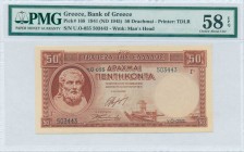 GREECE: 50 Drachmas (1.1.1941 - issued on 2.1.1945) in red-brown on lilac unpt with Hesiod at left. Printed by TDLR (without imprint). WMK: Goddess At...