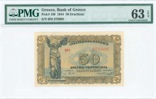 GREECE: 50 Drachmas (9.11.1944) in brown on blue and gold unpt with statue of Nike of Samothrace at left. Inside plastic holder by PMG "Choice Uncircu...