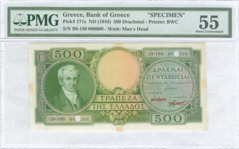 GREECE: 500 Drachmas (ND 1945) in green with portrait of Kapodistrias at left. S...