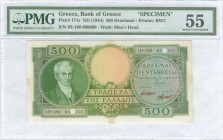 GREECE: 500 Drachmas (ND 1945) in green with portrait of Kapodistrias at left. S/N: "ι.Η-180 000000". Two cancellation holes on serial numbers, red ov...