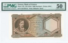 GREECE: 1000 Drachmas (ND 1944) in brown with Kolokotronis at left. Second type S/N: "E.02 649144". WMK: Miltiades. Printed by BWC (without imprint). ...