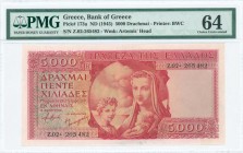GREECE: 5000 Drachmas (ND 1945) in red with personification of Motherhood at center. Type II S/N: "Z.02 265482". Printed by BWC (without imprint). WMK...