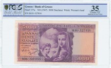 GREECE: 5000 Drachmas (ND 1947) in purple on orange unpt with personification of Motherhood at center. WMK: Apollo from Olympia. Printed by BWC (witho...