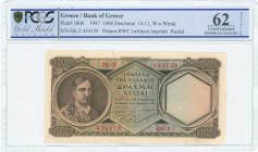GREECE: 1000 Drachmas (14.11.1947) in brown with Kolokotronis at left. Without watermark. Inside plastic holder by PCGS "Uncirculated 62 - DETAILS". (...