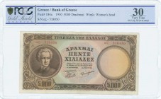 GREECE: 5000 Drachmas (28.10.1950) in brown with portait of D Solomos at left. WMK: Apollo from Olympia. Inside plastic holder by PCGS "Very Fine 30"....