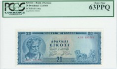 GREECE: 20 Drachmas (1.3.1955) in blue with Demokritos at left. WMK: Apollo from Olympia. Inside plastic holder by PCGS "Choice New 63 PPQ". (Pick 190...