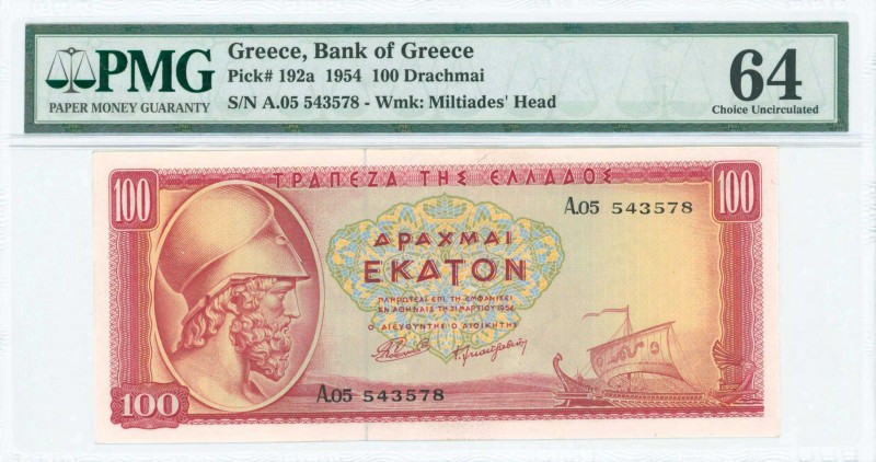 GREECE: 100 Drachmas (31.3.1954) in red on multicolor unpt with Themistocles at ...