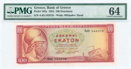 GREECE: 100 Drachmas (31.3.1954) in red on multicolor unpt with Themistocles at left. S/N: "A.05 543446". Signature by Mantzavinos. WMK: Miltiades. In...