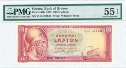 GREECE: 100 Drachmas (1.7.1955) in red on multicolor unpt with Themistocles at left. S/N: "O.10 423849". WMK: Miltiades. Inside plastic holder by PMG ...