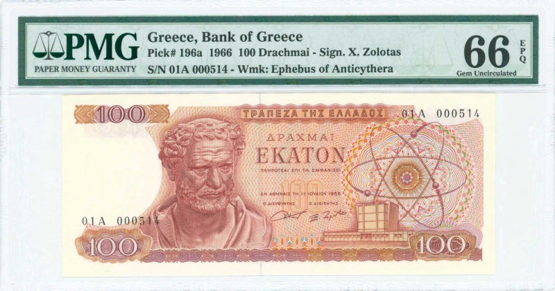 GREECE: 100 Drachmas (1.7.1966) in red-brown on multicolor unpt with Demokritos ...