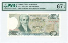GREECE: 500 Drachmas (1.2.1983) in deep green on multicolor unpt with Ioannis Kapodistrias at left. Inside plastic holder by PMG "Superb Gem Unc 67 - ...