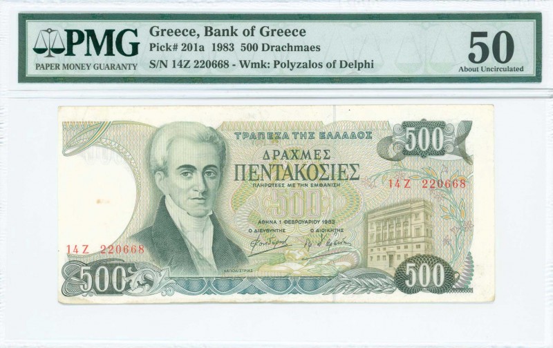 GREECE: 500 Drachmas (1.2.1983) in deep green on multicolor unpt with Ioannis Ka...