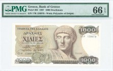 GREECE: 1000 Drachmas (1.7.1987) in brown on multicolor unpt with Apollo at center right. WMK: Charioteer Polyzalos of Delphi. Inside plastic holder b...