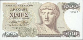 GREECE: 1000 Drachmas (1.7.1987) in brown on multicolor unpt with Apollo at center right. S/N: "21I 702459". WMK: Charioteer Polyzalos of Delphi. (Pic...