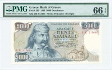GREECE: 5000 Drachmas (23.3.1984) in deep blue on multicolor unpt with Theodoros Kolokotronis at left. Inside plastic holder by PMG "Gem Uncirculated ...