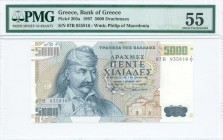 GREECE: 5000 Drachmas (1.6.1997) in deep blue on multicolor unpt with Theodoros Kolokotronis at left. S/N: "04B 935816". Inside plastic holder by PMG ...
