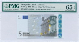 GREECE: 5 Euro (2002) in gray and multicolor. S/N: "Y01748513368". Printing press and plate: "N001B5". Signature by Willem Duisenberg. Inside plastic ...