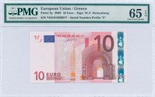 GREECE: 10 Euro (2002) in red and multicolor. S/N: "Y03191999977". Printing press and plate: "N002E3". Signature by Willem Duisenberg. Inside plastic ...