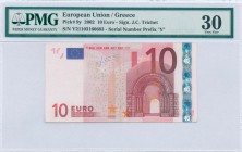 GREECE: 10 Euro (2002) in red and multicolor. S/N: "Y21103166683". Printing press and plate: "N017C3". Signature by J C Trichet. Inside plastic holder...