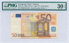 GREECE: 50 Euro (2002) in orange and multicolor. S/N: "Y00019475155". Printing press and plate: "G013C5" (the most rare code of Greek 50 Euro notes) a...