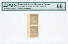 GREECE: 2 x 10 Lepta (ND 1922) postage stamp currency issue in brown with Hermes. Same on back. Zig-Zag perforation. Inside plastic holder by PMG "Gem...