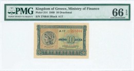 GREECE: 10 Drachmas (6.4.1940) in blue on green and light brown unpt with Demeter at left. Inside plastic holder by PMG "Gem Uncirculated 66 - EPQ". (...