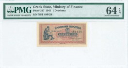 GREECE: 1 Drachma (18.6.1941) in red and blue on gray unpt with Philosopher Aristippos from Kyrini at left. Printed by Aspiotis-ELKA. Inside plastic h...