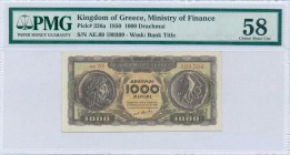 GREECE: 1000 Drachmas (10.7.1950) in brown on orange and green unpt with ancient coins at left and right. Inside plastic holder by PMG "Choice About U...