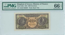 GREECE: 1000 Drachmas (1.11.1953) in brown on orange and green unpt with Ancient coins at left and right. Inside plastic holder by PMG "Gem Uncirculat...