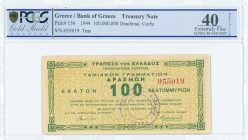 GREECE: 100 million Drachmas (17.10.1944) treasury note issued by Bank of Greece, Kerkyras branch in green on yellow. Third frame type with second cac...