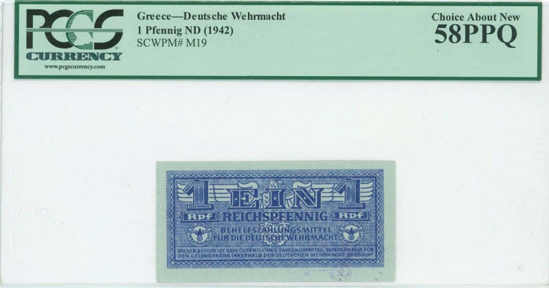 GREECE: 1 Reichspfennig (ND 1944) in blue with eagle with small swastika in unpt...