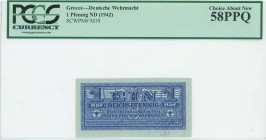 GREECE: 1 Reichspfennig (ND 1944) in blue with eagle with small swastika in unpt at center, Wermacht notes of German armed forces. Violet cachet of Th...