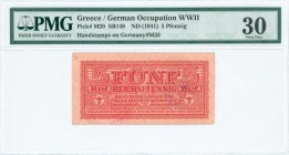 GREECE: 5 Reichspfennig (ND 1941) in red with eagle with small swastika in unpt at center, Wermacht notes of German armed forces. Red cachet "ΕΛΛΗΝΙΚΗ...