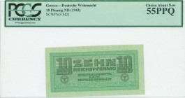 GREECE: 10 Reichspfennig (ND 1944) in green with eagle with small swastika in unpt at center, Wermacht notes of German armed forces. Violet cachet of ...