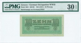 GREECE: 10 Reichspfennig (ND 1941) in green with eagle with small swastika in unpt at center, Wermacht notes of German armed forces. Red cachet "ΕΛΛΗΝ...