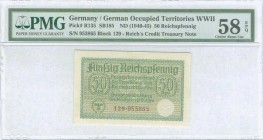 GREECE: 50 Reichspfennig (ND 1940-45) in green on tan unpt, German treasury notes issued for occupied teritories. S/N: "129-953865". Embossed stamp. I...