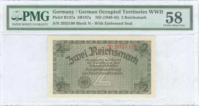 GREECE: 2 Reichsmark (ND 1940-45) in grayish brown on green and tan unpt, German...