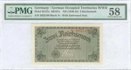 GREECE: 2 Reichsmark (ND 1940-45) in grayish brown on green and tan unpt, German treasury notes issued for occupied teritories. S/N: "N-2033180". With...