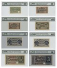 GREECE: Set of 8 banknotes from the German Reich Mark issue (1941) including 50 Reichspfennig, 2x 1 Reichsmark, 2 Reichsmark, 2x 5 Reichsmark, 20 Reic...