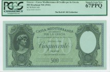 GREECE: 500 Drachmas (ND 1941) by "CASSA MEDITERRANEA DI CREDITO PER LA GRECIA" in dark green with David of Michael Angelo at left. S/N: "0003 284073"...
