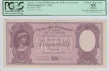GREECE: 5000 Drachmas (ND 1941) by "CASSA MEDITERRANEA DI CREDITO PER LA GRECIA" in lilac with Michelangelos David at left. S/N: "0001 163470". Printe...