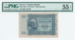 GREECE: 100 Drachmas (ND 1941) by "ISOLE JONIE" in blue with archaic head at left. S/N: "0005 421929". Printed in Italy. Inside plastic holder by PMG ...